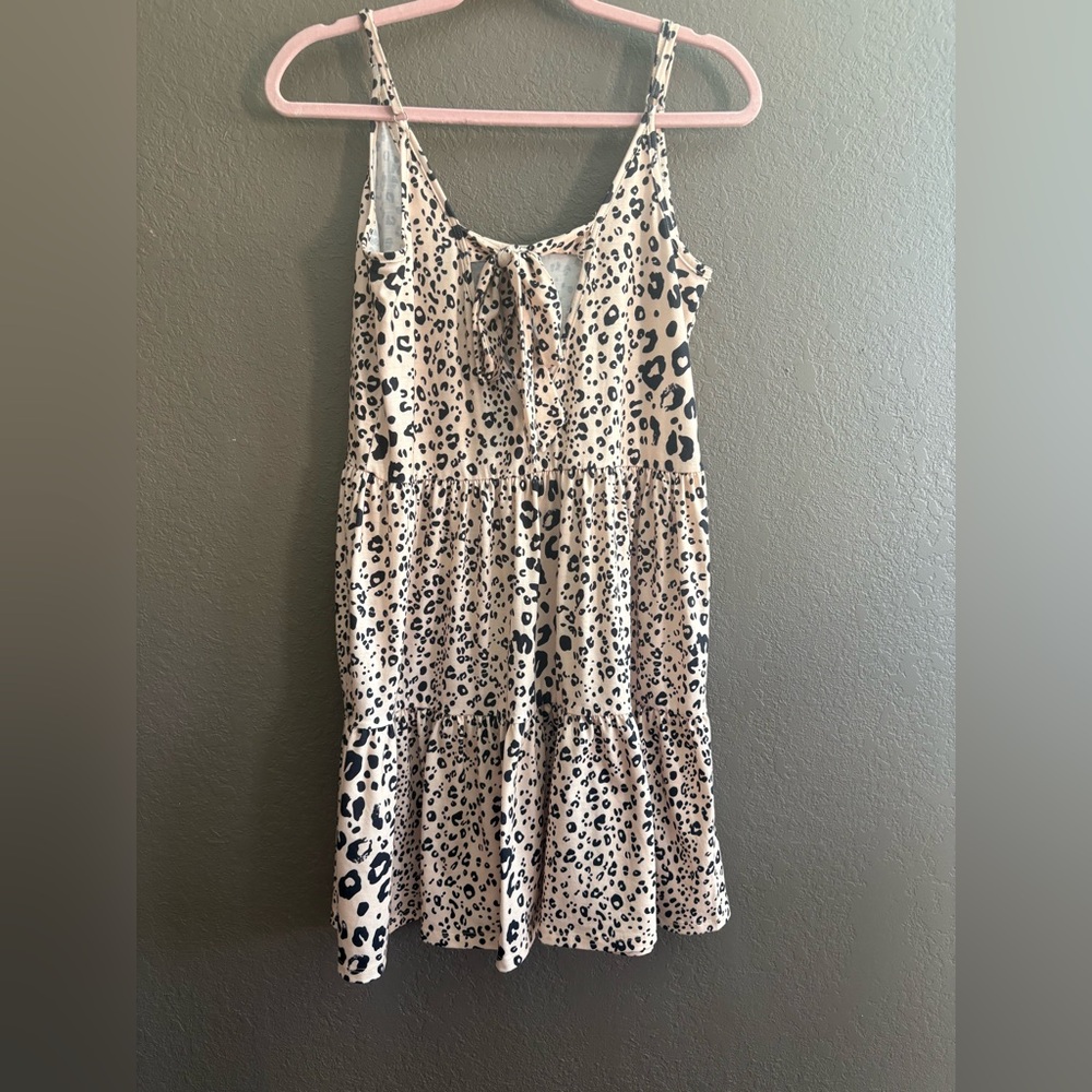 Beige Leopard Print Tiered Dress with Tie Back